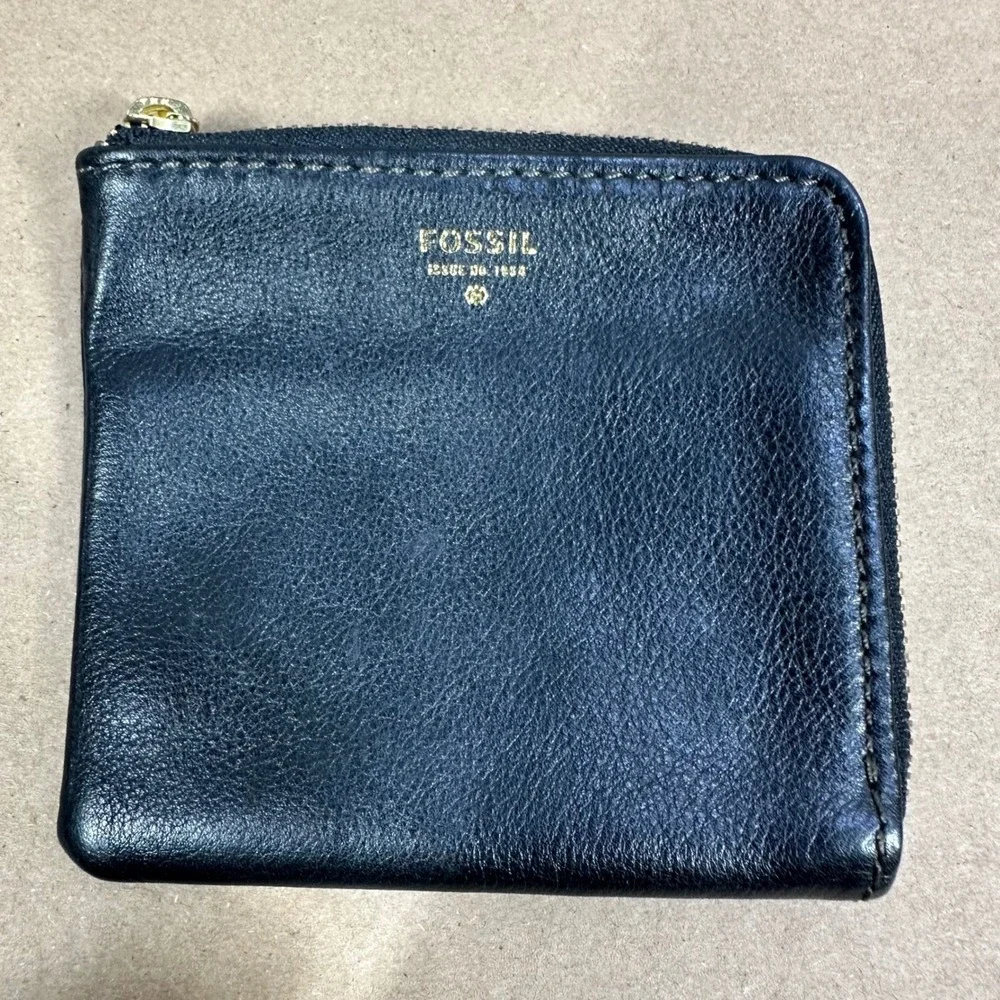 Fossil Coin Pouch Women OS Black Leather L-Zip Wallet Small Minimalist Pouch
